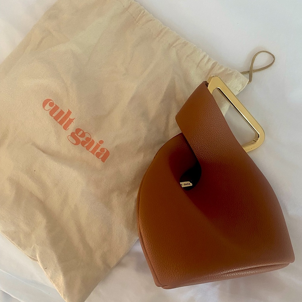 Cult Gaia mini astraea top handle bag. Brown leather